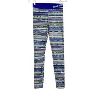Nike Pro Warm Leggings Womens Size Medium Purple Green Stripe Lined Base Layer